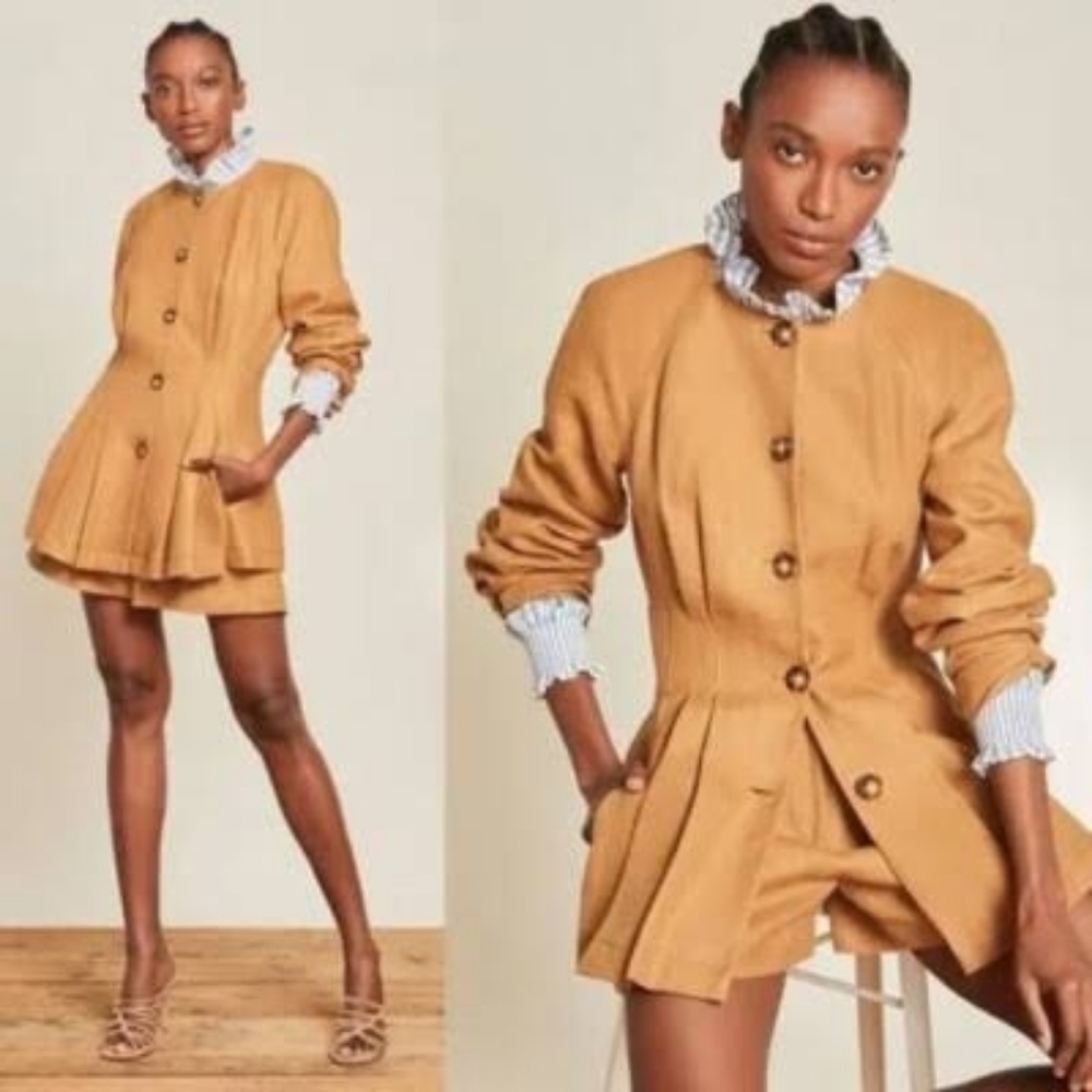 Veronica Beard Brio Linen Pleated Button-Front Jacket in Camel
